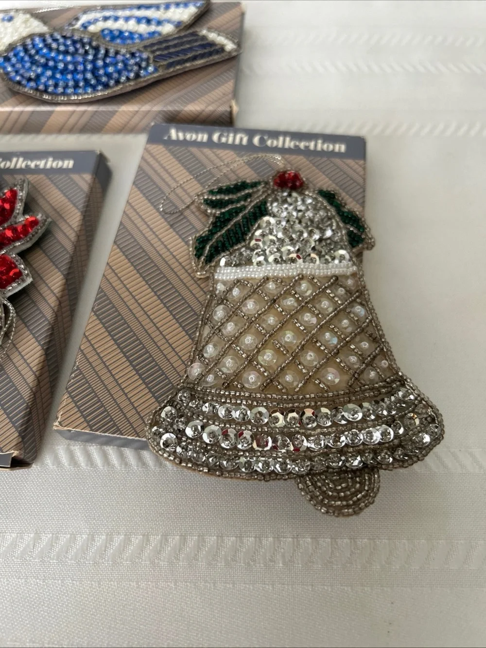 Vintage Set of 3 Avon Christmas Ornament Bell Pointsettia Dove Shimmering Sequin